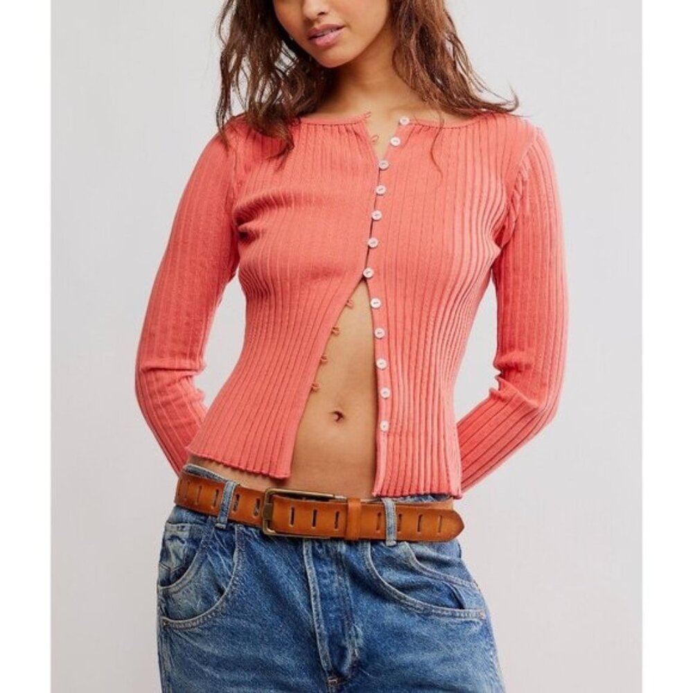 NWT Free People Tilly Long Sleeve Cardi in Coral - Size XS